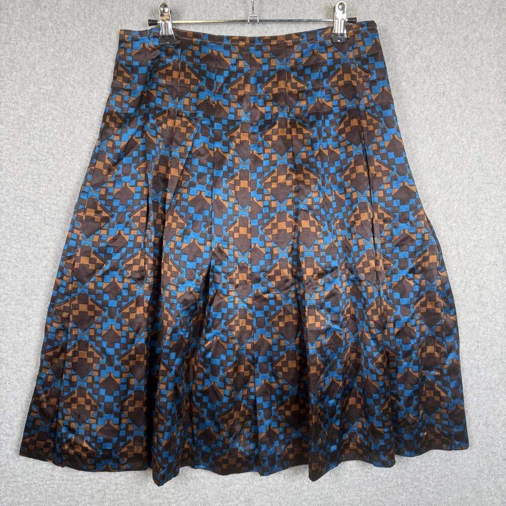 DKNY City Silk Skirt Size 6 Blue-Brown-Cinnamon Geometric Design Midi - Picture 4 of 8